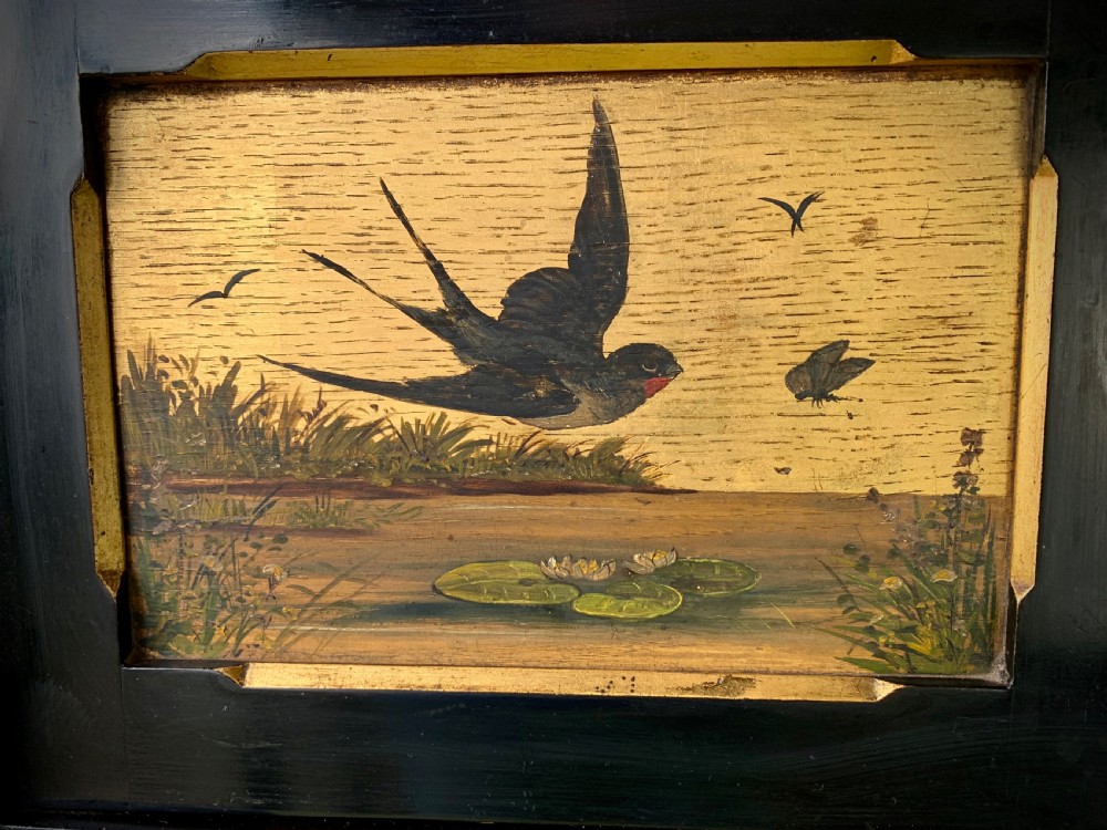 AESTHETIC MOVEMENT EBONISED WALL CABINET WITH GILDED PANELS PAINTED WITH BIRDS. View V