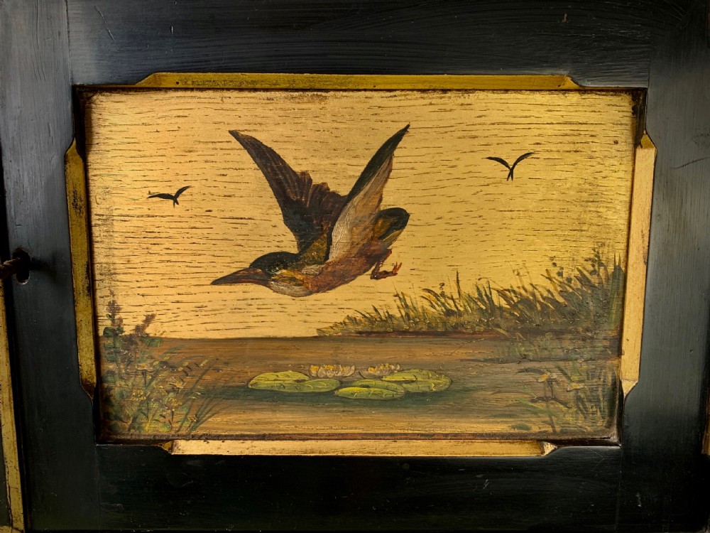 AESTHETIC MOVEMENT EBONISED WALL CABINET WITH GILDED PANELS PAINTED WITH BIRDS. View VI