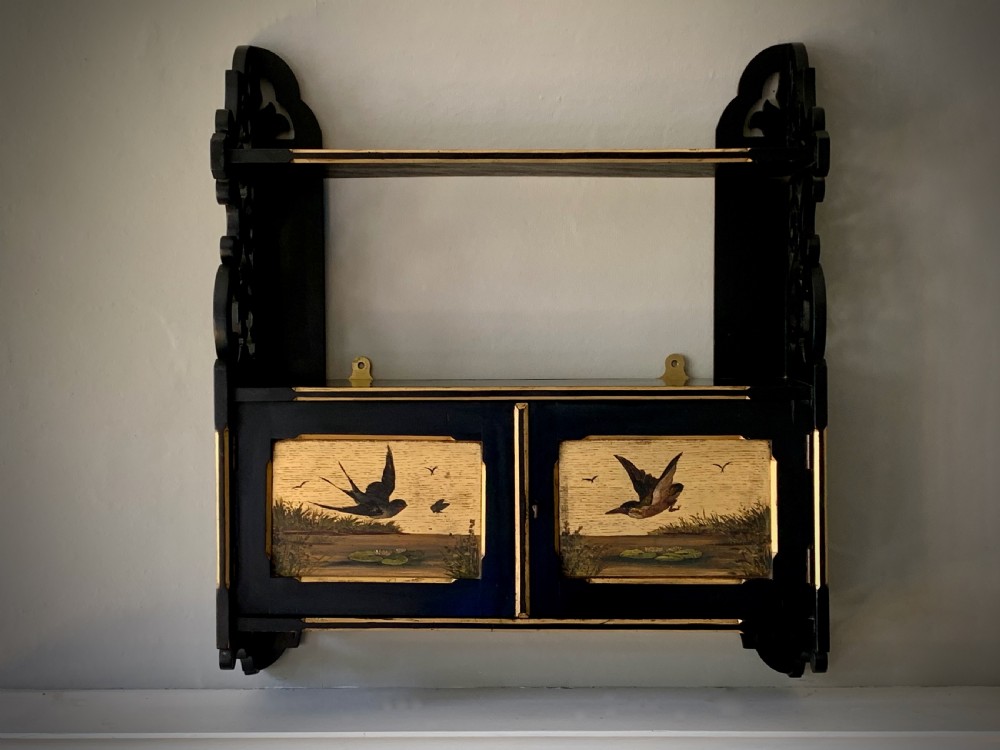 AESTHETIC MOVEMENT EBONISED WALL CABINET WITH GILDED PANELS PAINTED WITH BIRDS. View XV