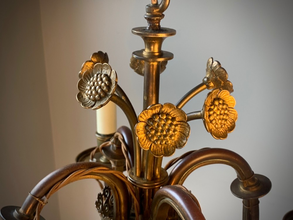 AESTHETIC MOVEMENT CHANDELIER LAMP WITH CLOISONNE VASE  & SUNFLOWERS - 19TH CENTUEY View II