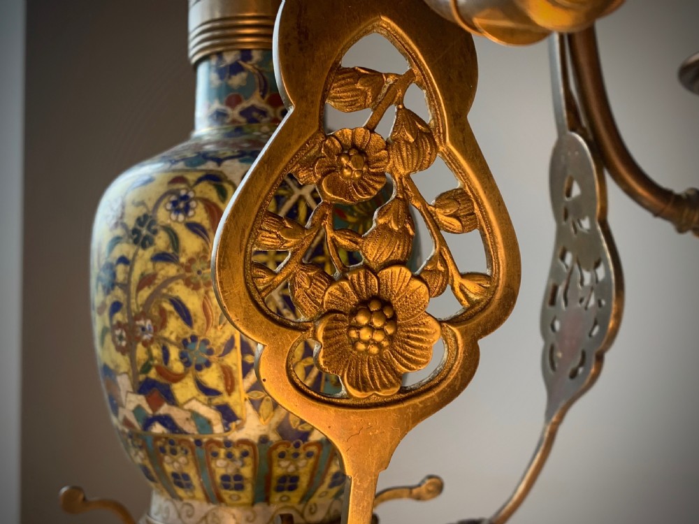 AESTHETIC MOVEMENT CHANDELIER LAMP WITH CLOISONNE VASE  & SUNFLOWERS - 19TH CENTUEY View III