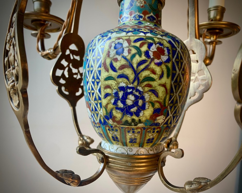 AESTHETIC MOVEMENT CHANDELIER LAMP WITH CLOISONNE VASE  & SUNFLOWERS - 19TH CENTUEY View IV