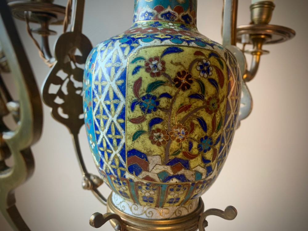 AESTHETIC MOVEMENT CHANDELIER LAMP WITH CLOISONNE VASE  & SUNFLOWERS - 19TH CENTUEY View V