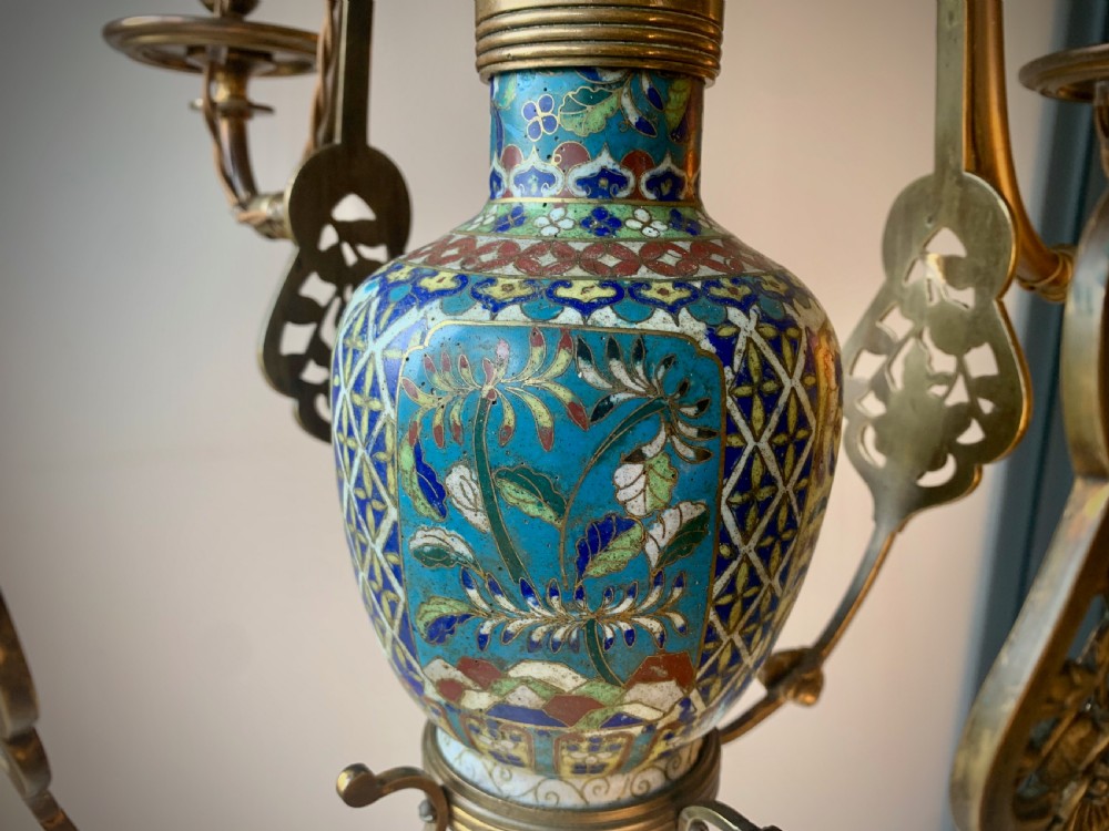 AESTHETIC MOVEMENT CHANDELIER LAMP WITH CLOISONNE VASE  & SUNFLOWERS - 19TH CENTUEY View VII