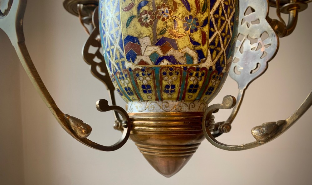 AESTHETIC MOVEMENT CHANDELIER LAMP WITH CLOISONNE VASE  & SUNFLOWERS - 19TH CENTUEY View VIII