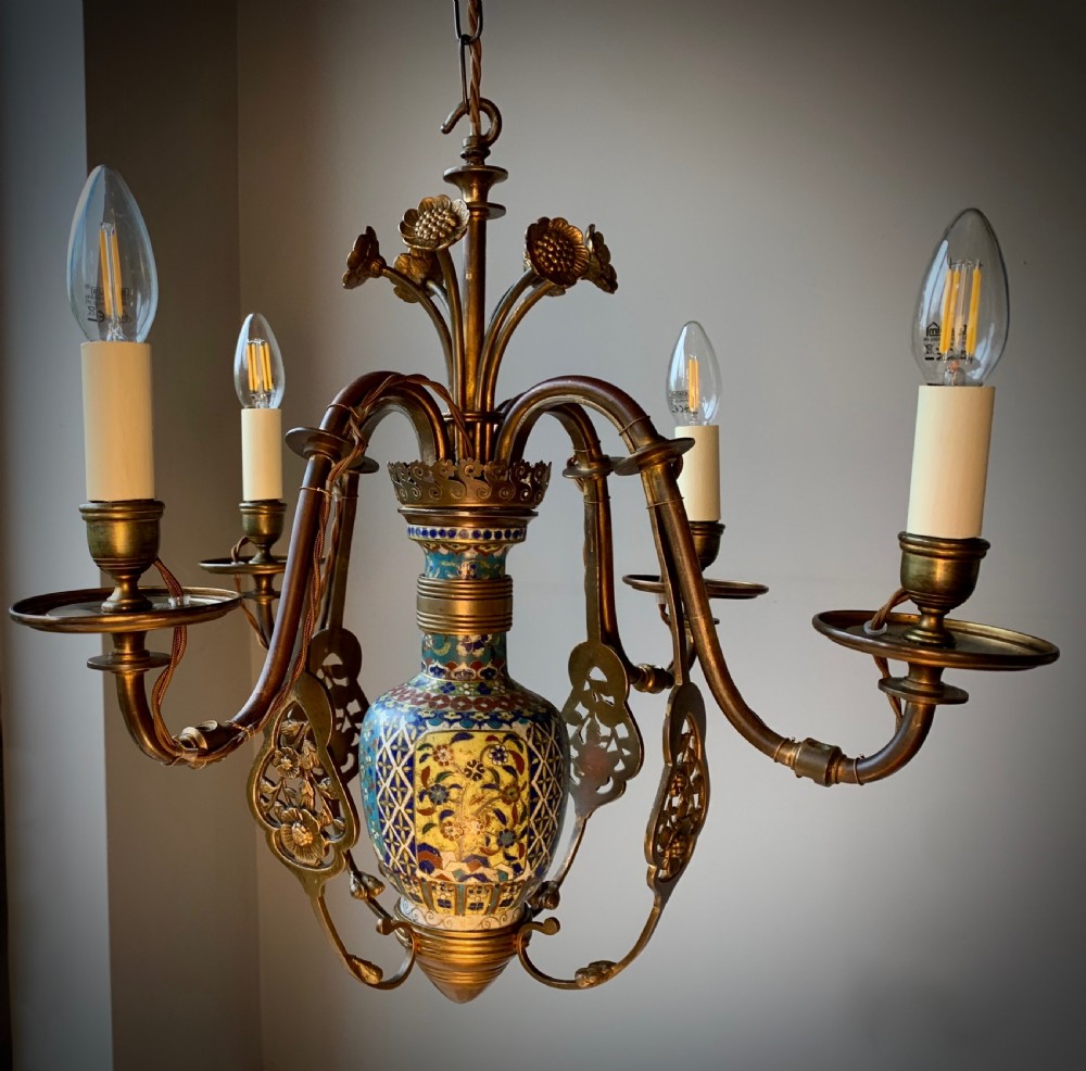 AESTHETIC MOVEMENT CHANDELIER LAMP WITH CLOISONNE VASE  & SUNFLOWERS - 19TH CENTUEY View IX
