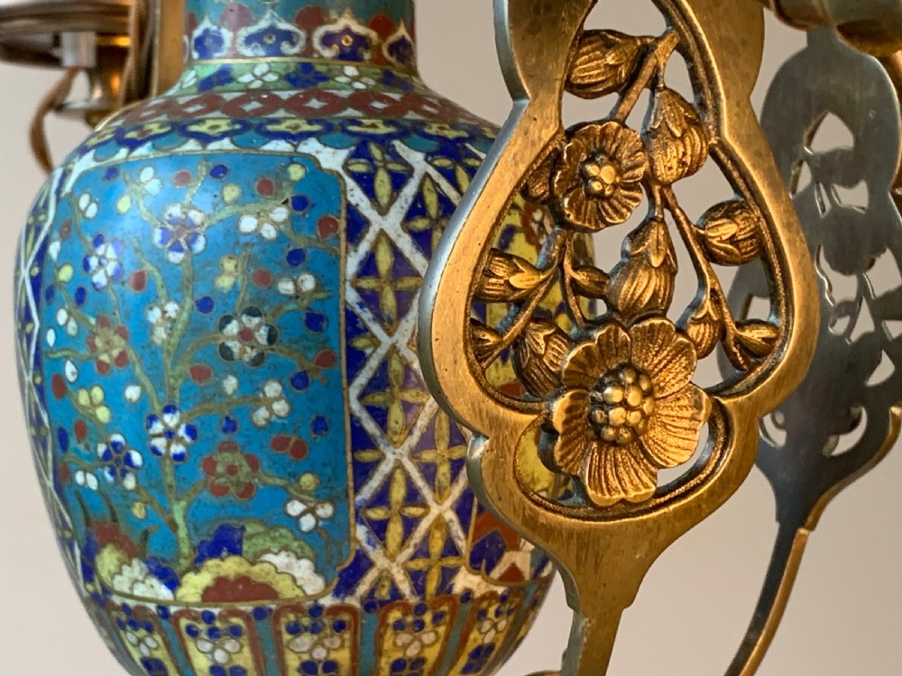 AESTHETIC MOVEMENT CHANDELIER LAMP WITH CLOISONNE VASE  & SUNFLOWERS - 19TH CENTUEY View X