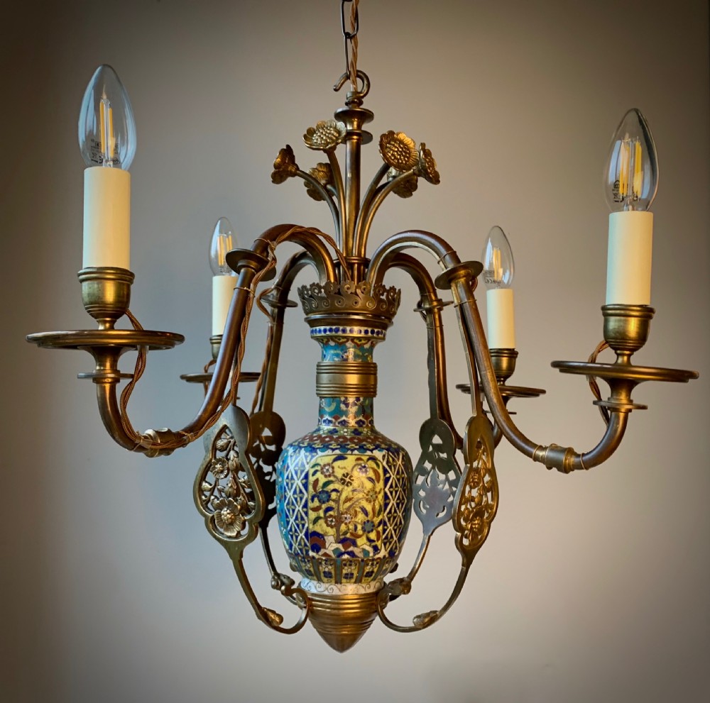AESTHETIC MOVEMENT CHANDELIER LAMP WITH CLOISONNE VASE  & SUNFLOWERS - 19TH CENTUEY View XIII