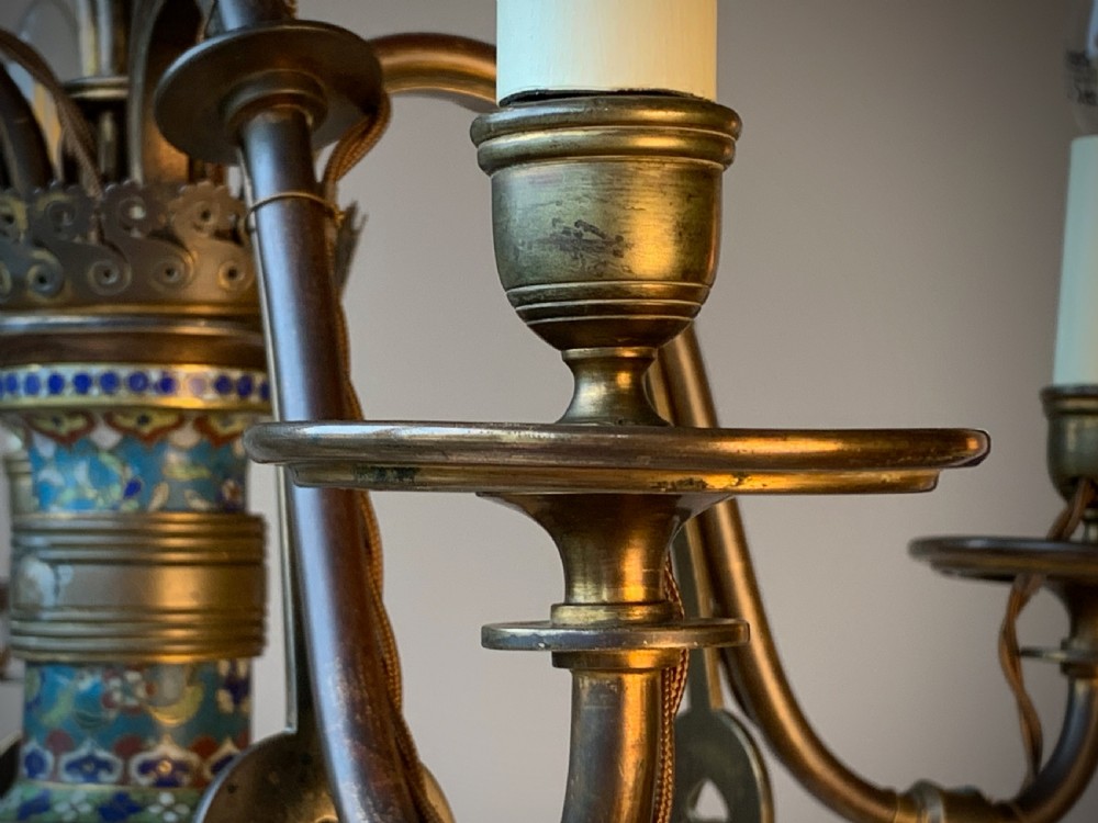 AESTHETIC MOVEMENT CHANDELIER LAMP WITH CLOISONNE VASE  & SUNFLOWERS - 19TH CENTUEY View XIV