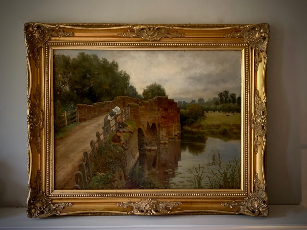 OIL PAINTING - FISHING AT ECKINGTON BRIDGE, WORCESTERSHIRE  - SIDNEY CURRIE (ACTIVE 1876 - 1930)