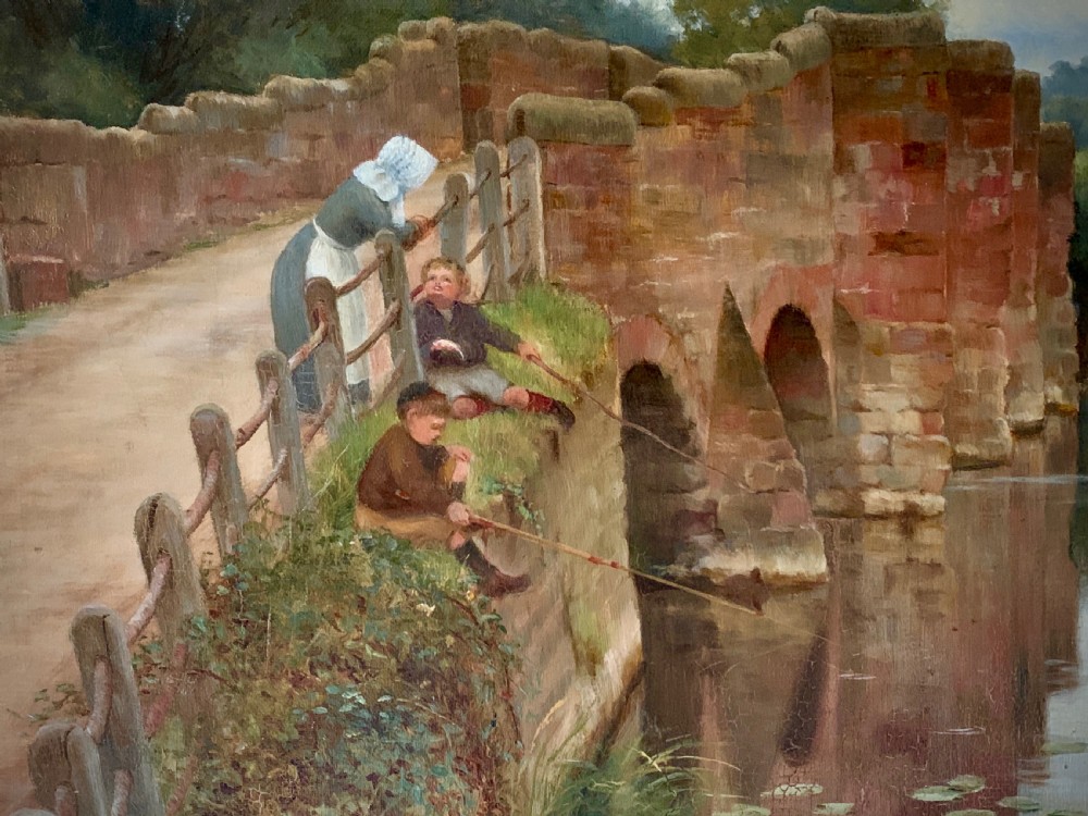 OIL PAINTING - FISHING AT ECKINGTON BRIDGE, WORCESTERSHIRE  - SIDNEY CURRIE (ACTIVE 1876 - 1930) View II