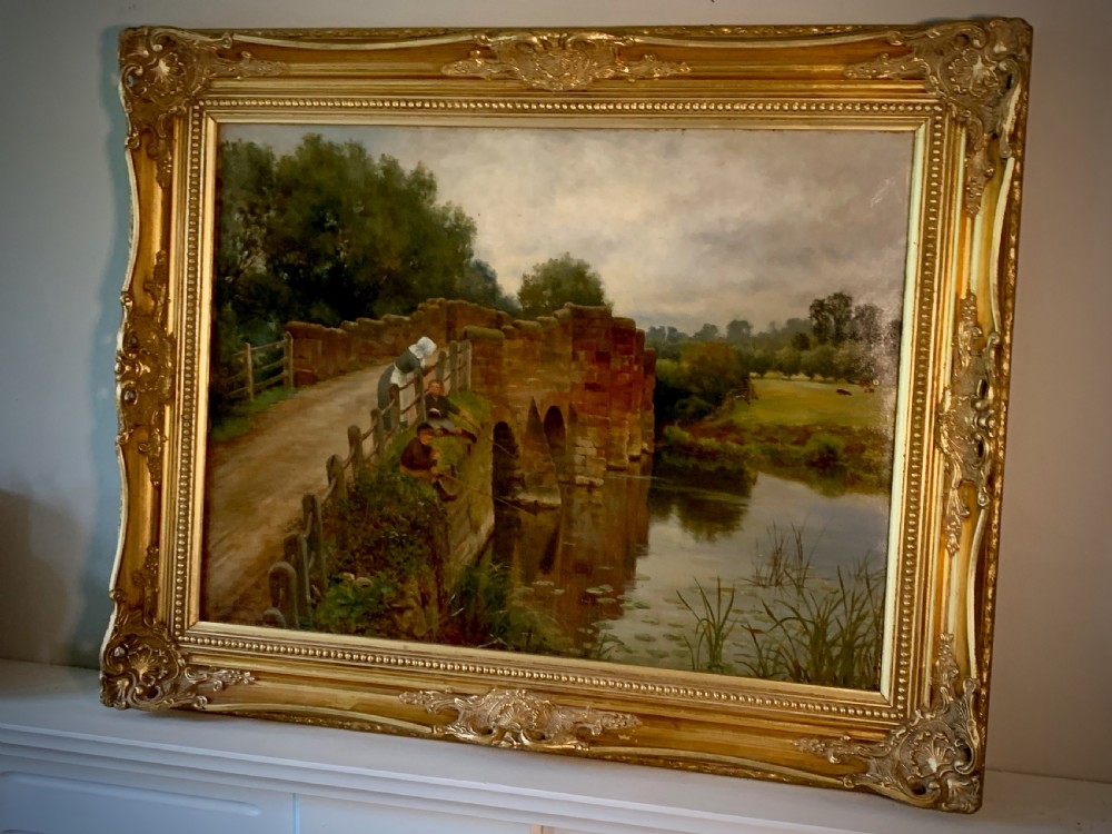 OIL PAINTING - FISHING AT ECKINGTON BRIDGE, WORCESTERSHIRE  - SIDNEY CURRIE (ACTIVE 1876 - 1930) View VII