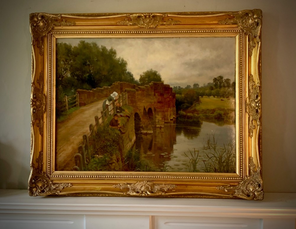 OIL PAINTING - FISHING AT ECKINGTON BRIDGE, WORCESTERSHIRE  - SIDNEY CURRIE (ACTIVE 1876 - 1930) View VIII