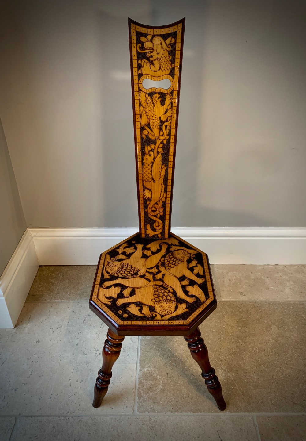 SUPERB VICTORIAN POKERWORK SPINNING or SEWING STOOL