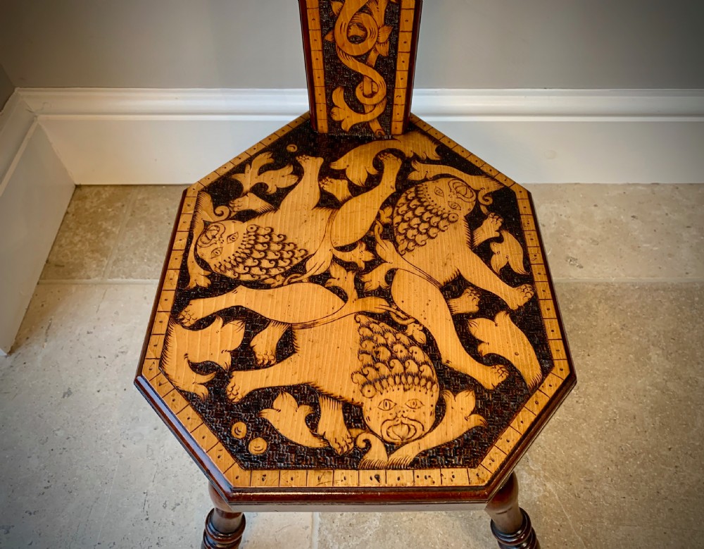 SUPERB VICTORIAN POKERWORK SPINNING or SEWING STOOL View II