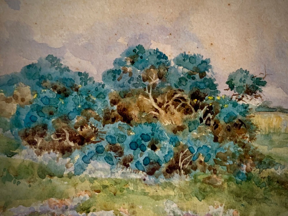 An antique framed watercolour painting depicting a shepherd driving sheep across a green moorland beneath a cloudy sky, set within a cream mount and gold frame. View VIII