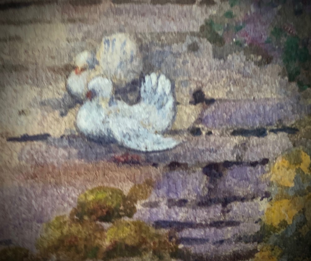 A framed 1928 watercolour painting depicting a stone path leading through a lush cottage garden towards a stone archway, presented in a wide gold frame. View III