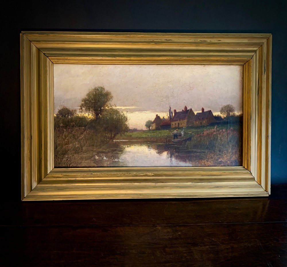 OIL ON CANVAS - COTTAGES ON THE RIVER AT DUSK - HENRY MAURICE PAGE