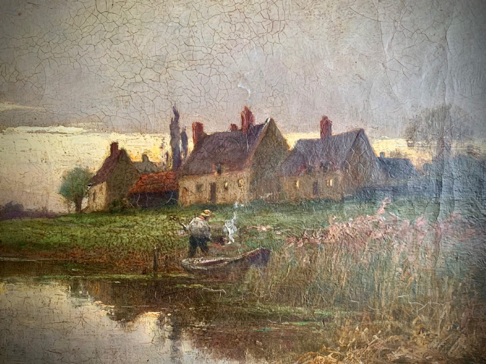 OIL ON CANVAS - COTTAGES ON THE RIVER AT DUSK - HENRY MAURICE PAGE View II