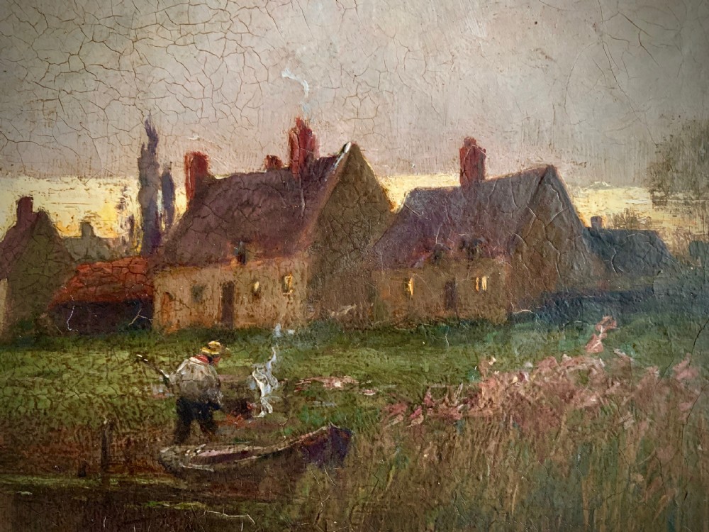 OIL ON CANVAS - COTTAGES ON THE RIVER AT DUSK - HENRY MAURICE PAGE View III