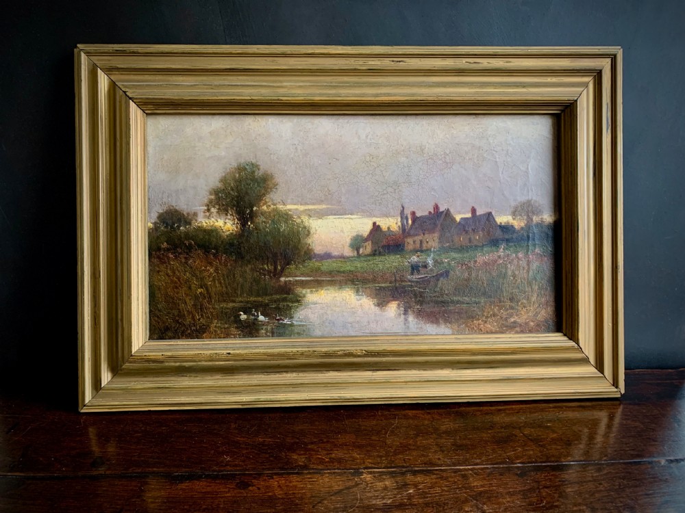 OIL ON CANVAS - COTTAGES ON THE RIVER AT DUSK - HENRY MAURICE PAGE View IV