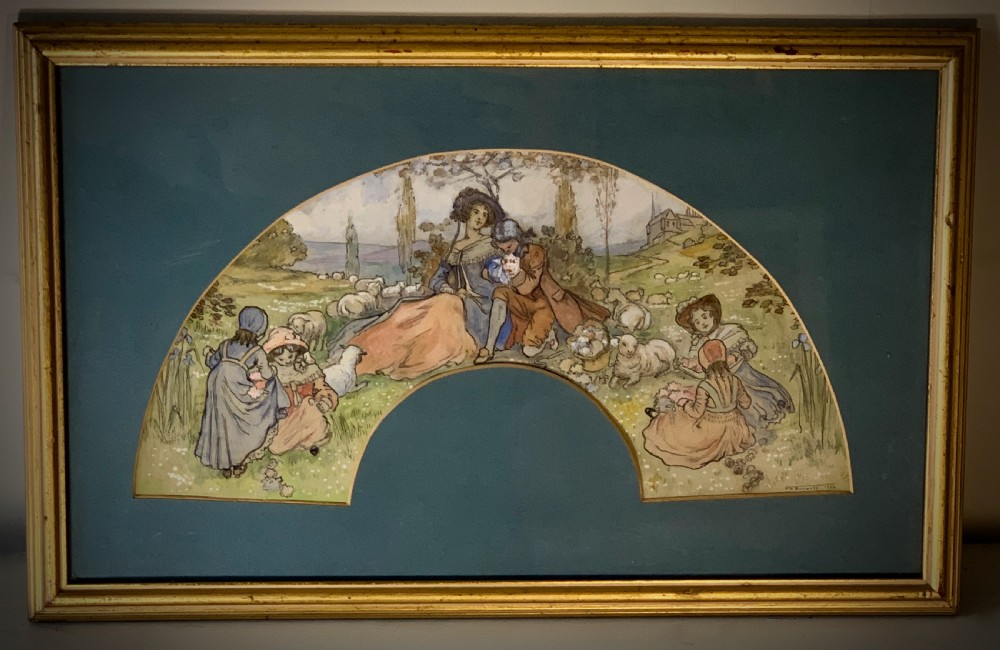 INK AND WATERCOLOUR PAINTING, FAN DESIGN BY ILLUSTRATOR FN BURSILL -  1904