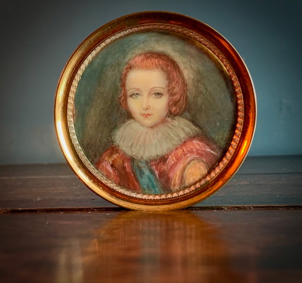 MINIATURE PORTRAIT - WATERCOLOUR PAINTING ON CELLULOID OF HENRY PRINCE OF WALES - ELDER BROTHER TO CHARLES 1 - circa 1900