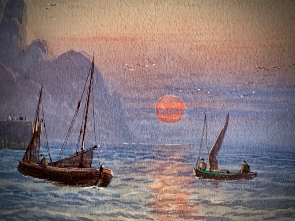 A horizontal Victorian watercolour painting depicting sailing boats in a coastal harbour at sunset, set within a wide gilded frame. View VIII