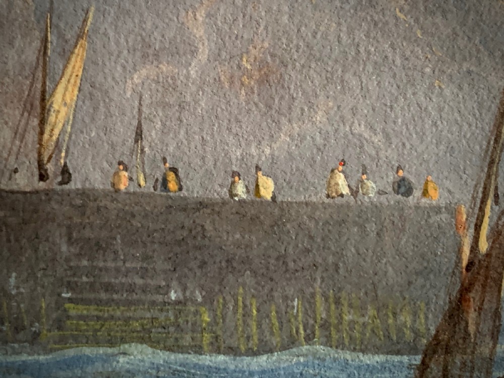 A horizontal Victorian watercolour painting depicting sailing boats in a coastal harbour at sunset, set within a wide gilded frame. View IX