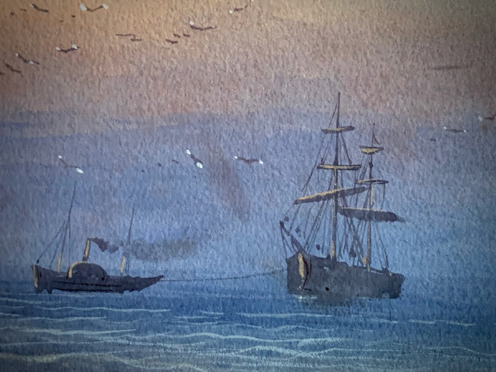 A horizontal Victorian watercolour painting depicting sailing boats in a coastal harbour at sunset, set within a wide gilded frame. View XII