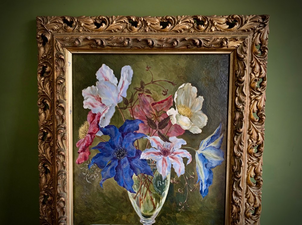 STILL LIFE 'OIL PAINTING ON BOARD - CLEMATIS - BUNTY MILLER - 1950 View II