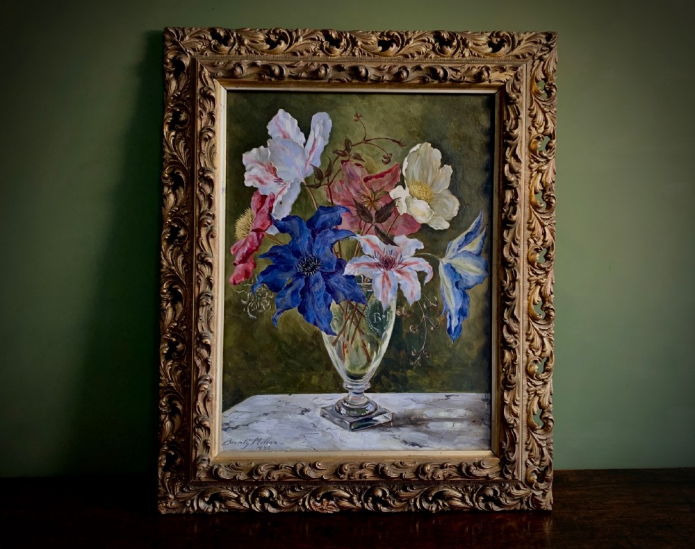 STILL LIFE 'OIL PAINTING ON BOARD - CLEMATIS - BUNTY MILLER - 1950 View III