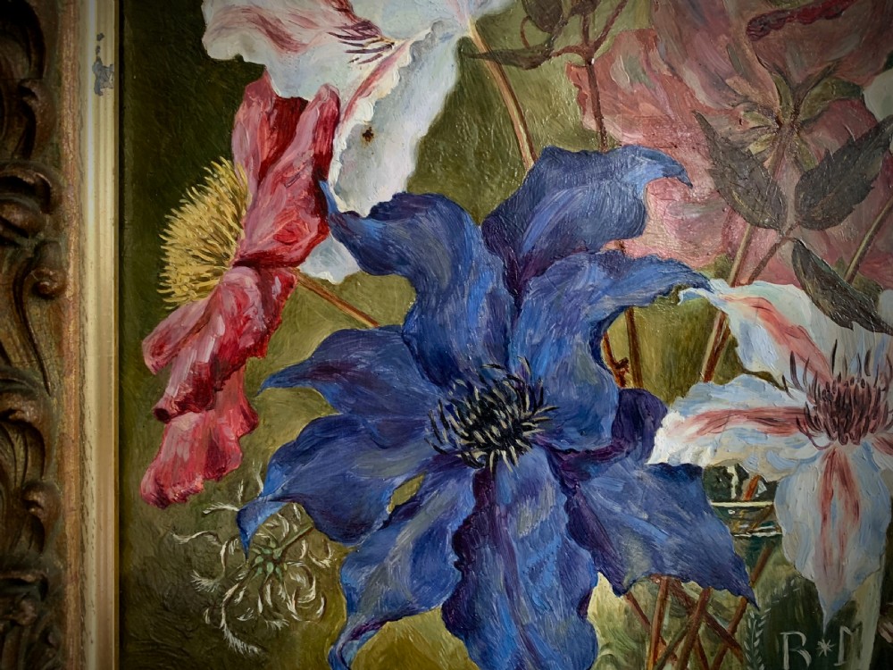 STILL LIFE 'OIL PAINTING ON BOARD - CLEMATIS - BUNTY MILLER - 1950 View V