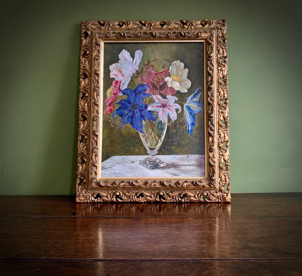 STILL LIFE 'OIL PAINTING ON BOARD - CLEMATIS - BUNTY MILLER - 1950 View X