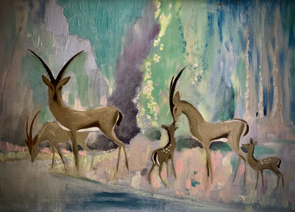 OIL PAINTING ON BOARD - 'DOES DRINKING BY THE STREAM' by DAVID STRATTON WATT - 1946. View II