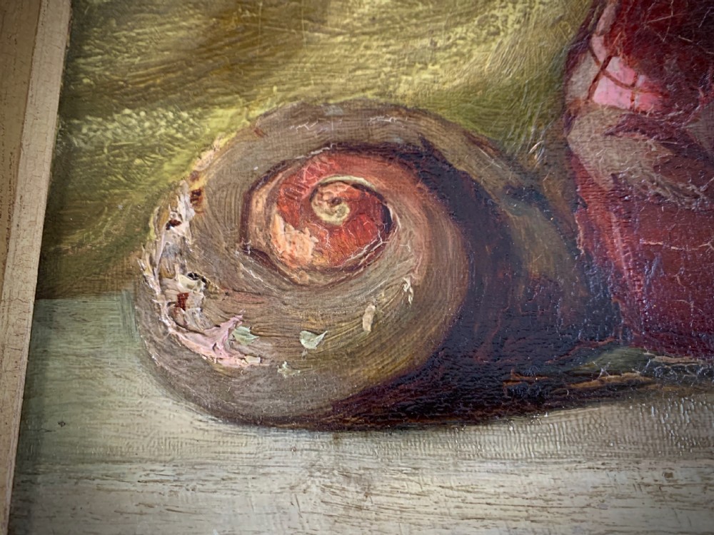 A 19th-century framed oil painting depicting a seashell, a red glass bottle, and a porcelain bowl set against draped fabric. View III