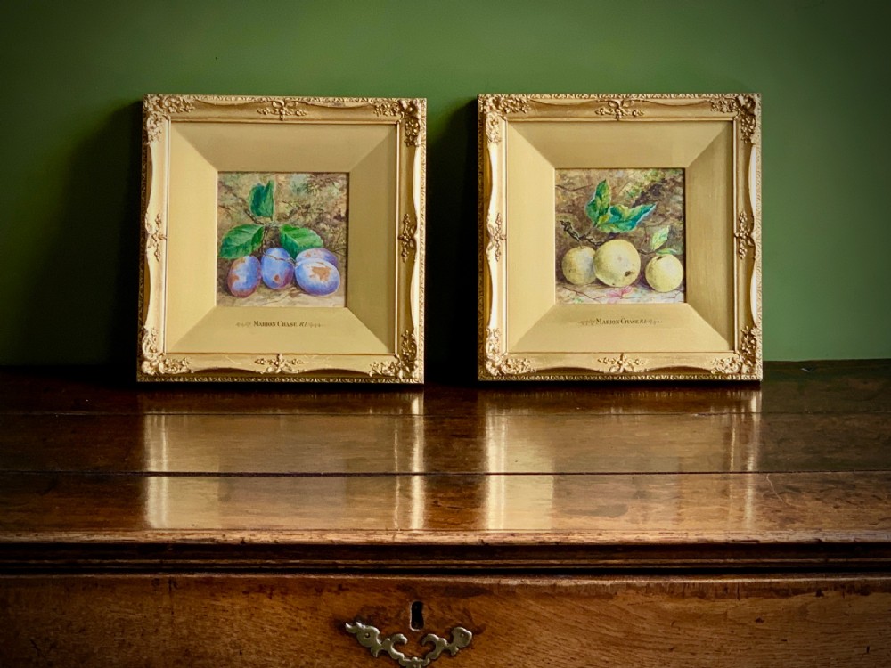 TWO STILL LIFE WATERCOLOUR STUDIES OF PLUMS AND APPLES - Marion Chase 1844 - 1905.