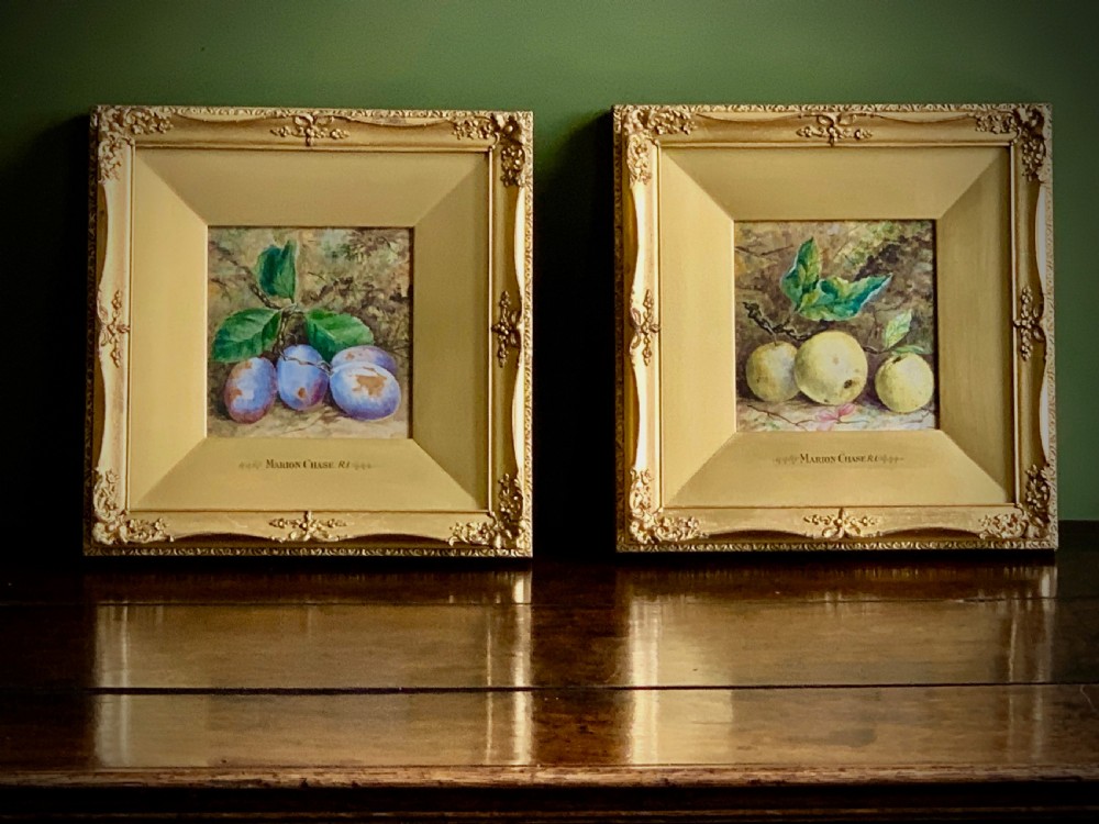 TWO STILL LIFE WATERCOLOUR STUDIES OF PLUMS AND APPLES - Marion Chase 1844 - 1905. View VI