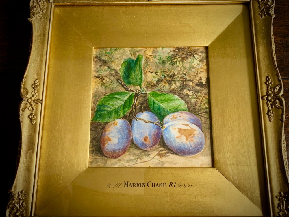 TWO STILL LIFE WATERCOLOUR STUDIES OF PLUMS AND APPLES - Marion Chase 1844 - 1905. View IX