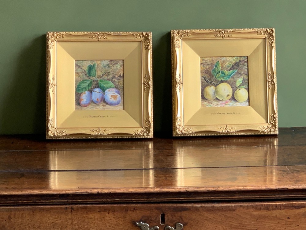 TWO STILL LIFE WATERCOLOUR STUDIES OF PLUMS AND APPLES - Marion Chase 1844 - 1905. View XIV