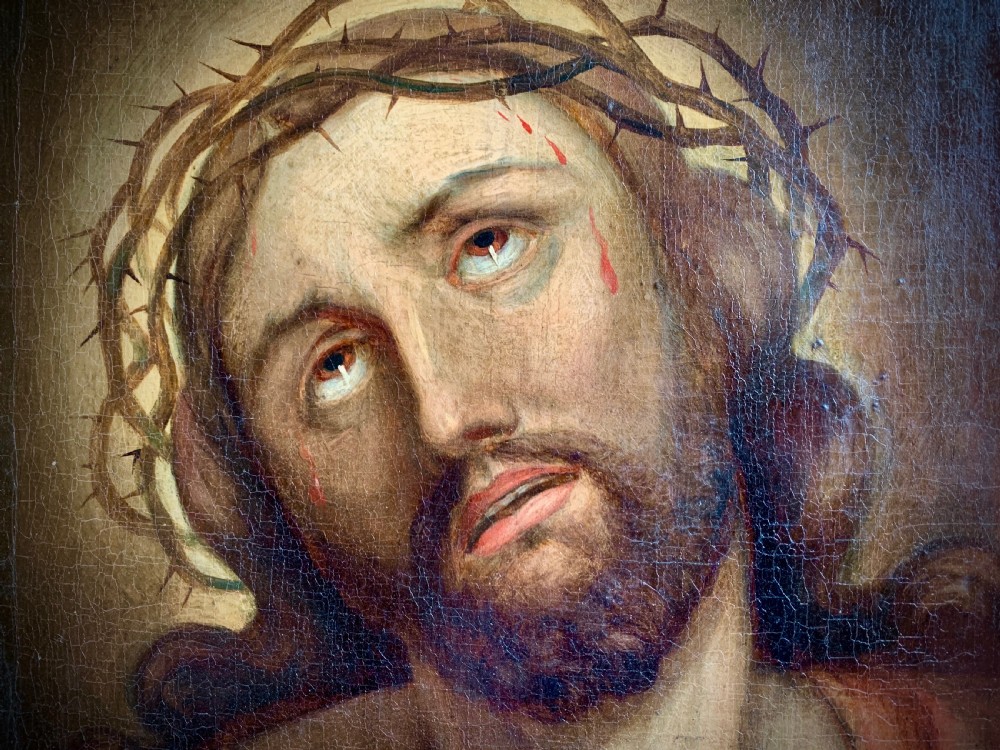 A 19th-century oil painting on canvas depicting Christ crowned with thorns set within a gold gilded wooden frame. View V