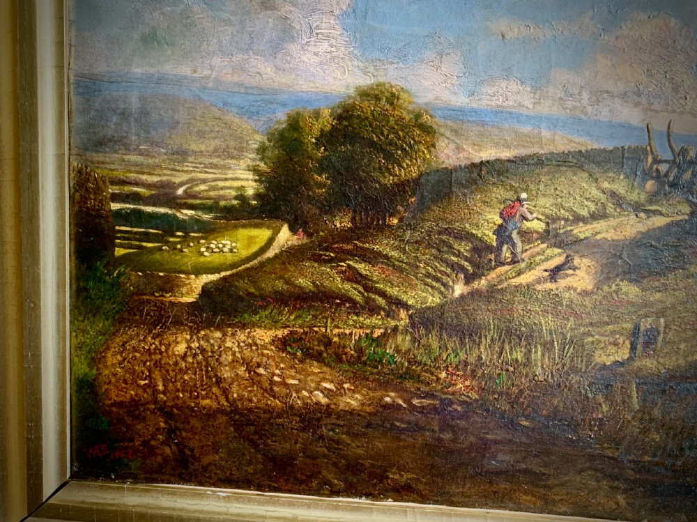 A nineteenth-century framed landscape oil painting depicting a figure walking along a sunlit green hillside. View III