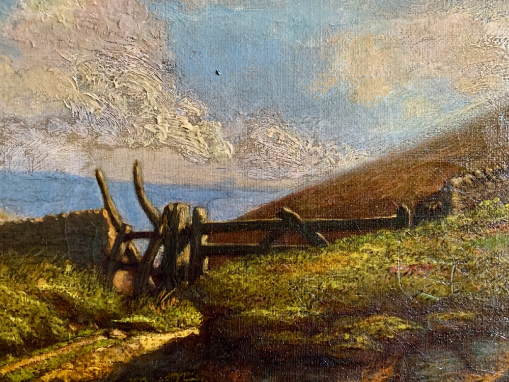 A nineteenth-century framed landscape oil painting depicting a figure walking along a sunlit green hillside. View VIII