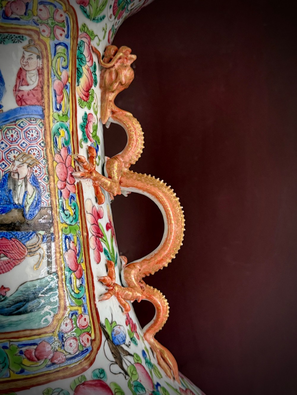 A large 19th-century Cantonese porcelain floor vase decorated with polychrome enamel court scenes, floral borders, and gilded dragon handles. View VIII
