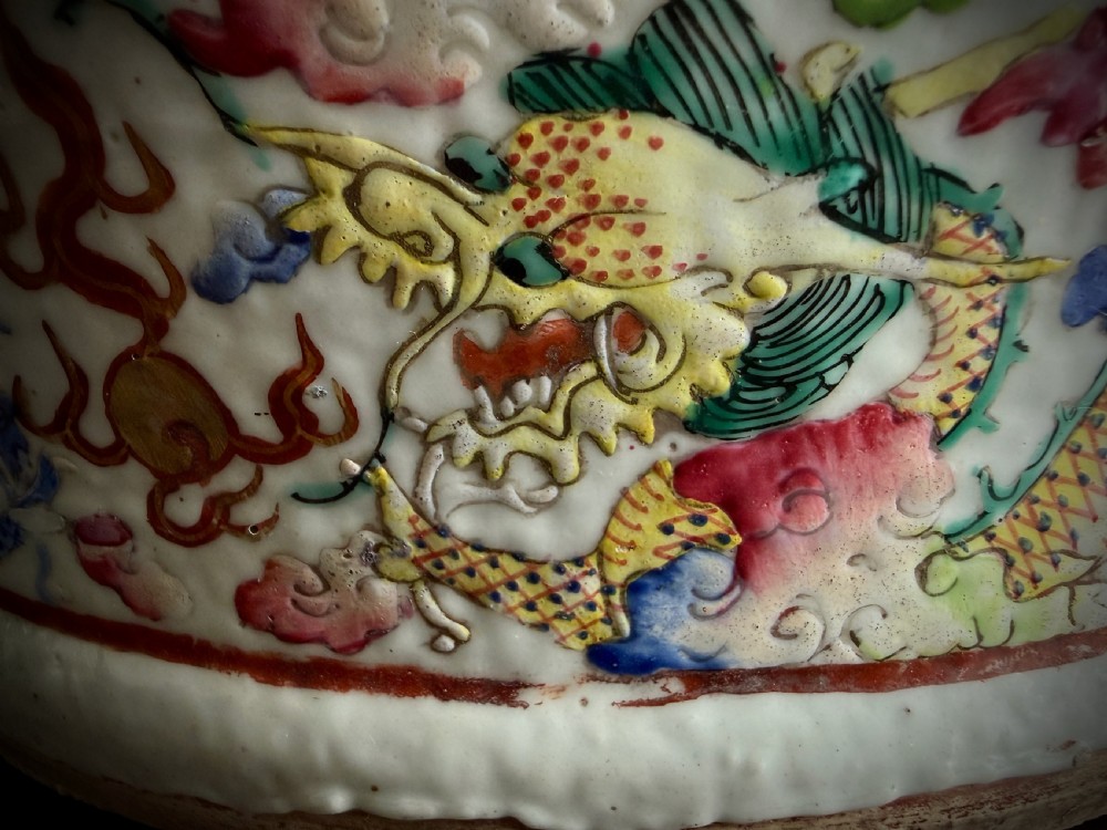 A large 19th-century Cantonese porcelain floor vase decorated with polychrome enamel court scenes, floral borders, and gilded dragon handles. View XIII