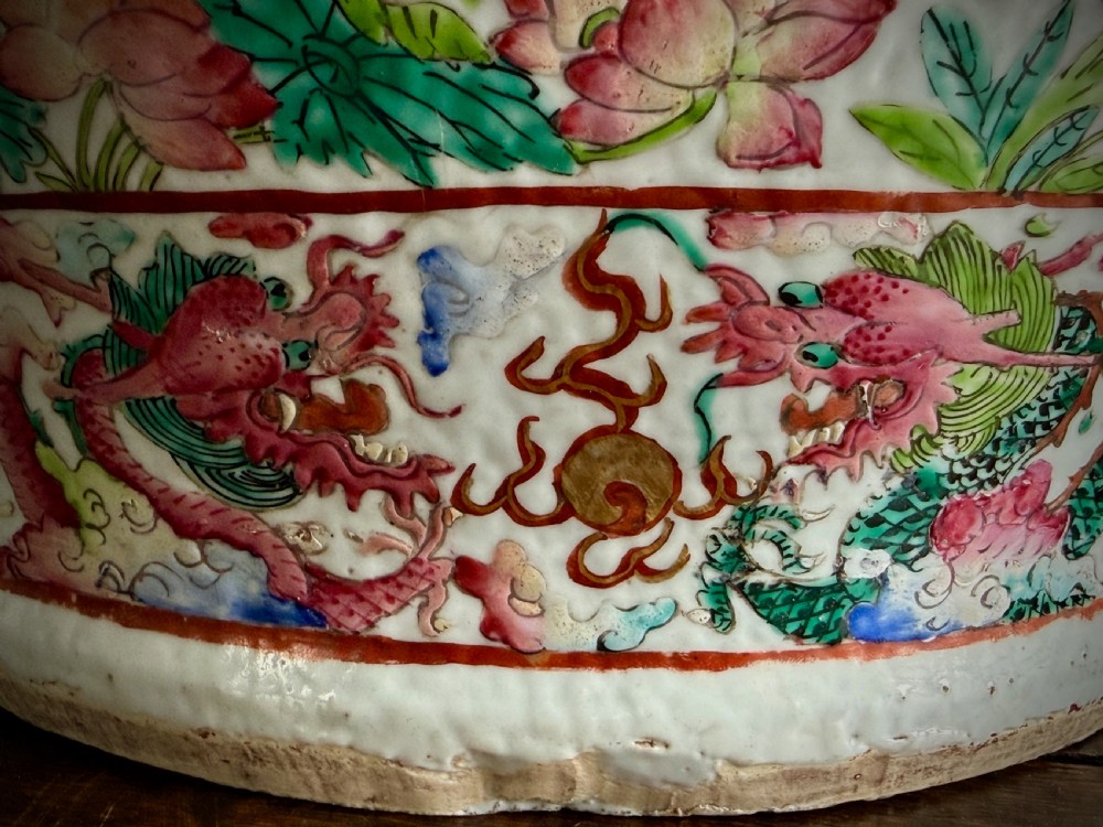 A large 19th-century Cantonese porcelain floor vase decorated with polychrome enamel court scenes, floral borders, and gilded dragon handles. View XVII