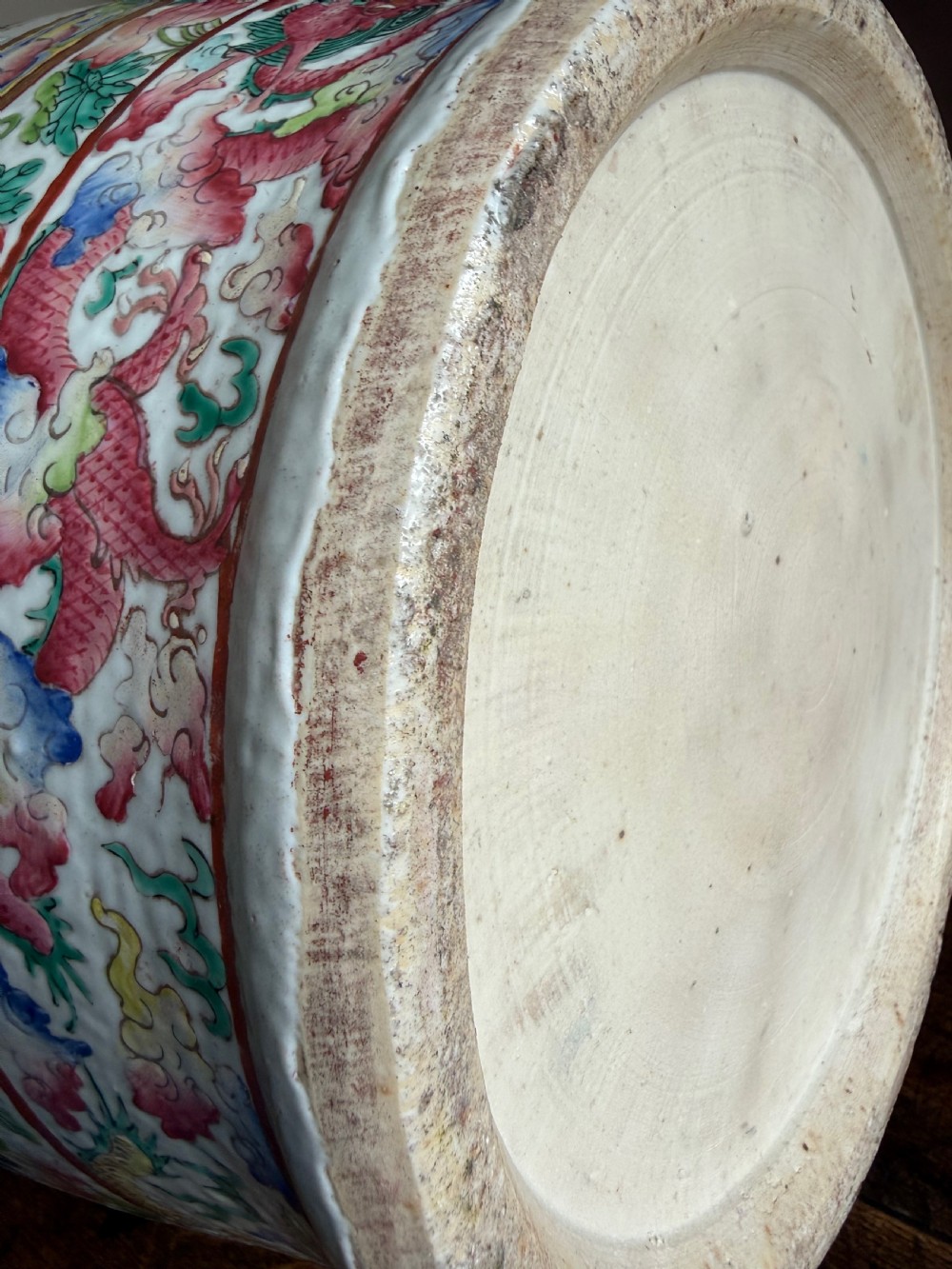 A large 19th-century Cantonese porcelain floor vase decorated with polychrome enamel court scenes, floral borders, and gilded dragon handles. View XXVII