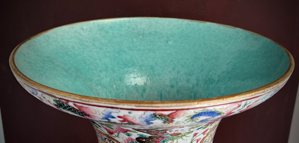 A large 19th-century Cantonese porcelain floor vase decorated with polychrome enamel court scenes, floral borders, and gilded dragon handles. View XXVIII