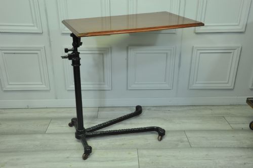 A GOOD ANTIQUE VINTAGE CAST IRON AND MAHOGANY ADJUSTABLE BED OR SIDETABLE - ADDITIONAL PHOTO 1