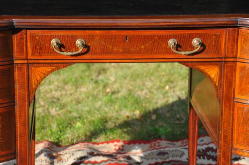 MAPLE CO ANTIQUE SEVEN DRAWER TWIN PEDESTAL LEATHER LINED INLAID WRITING DESK - ADDITIONAL PHOTO 4